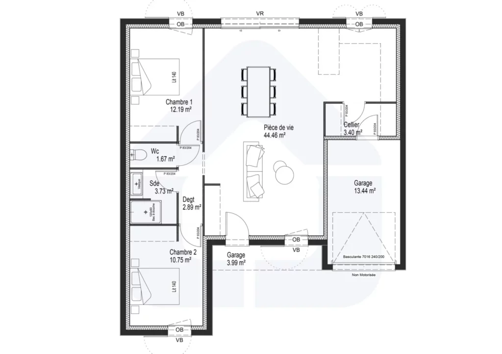 Plan maison 2 chambres 80 m2 MS686